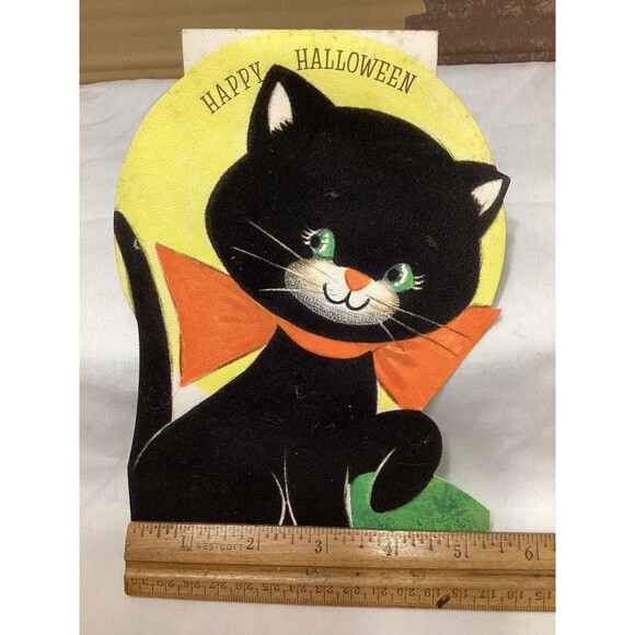 Gibson Halloween Flocked Black Cat Greeting Card Die Cut Stand Up Double Sided - Picture 9 of 10